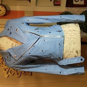 Star studded blue faux leather jacket.